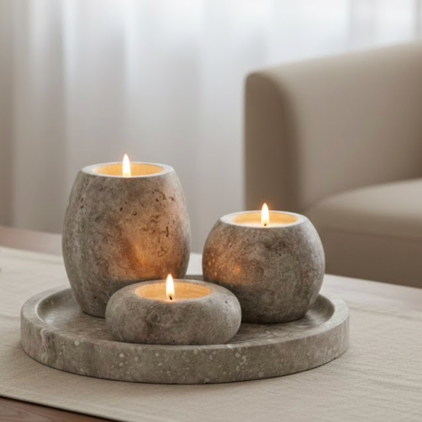 Silver Travertine Candle Holder Set with Tray – Set of 4