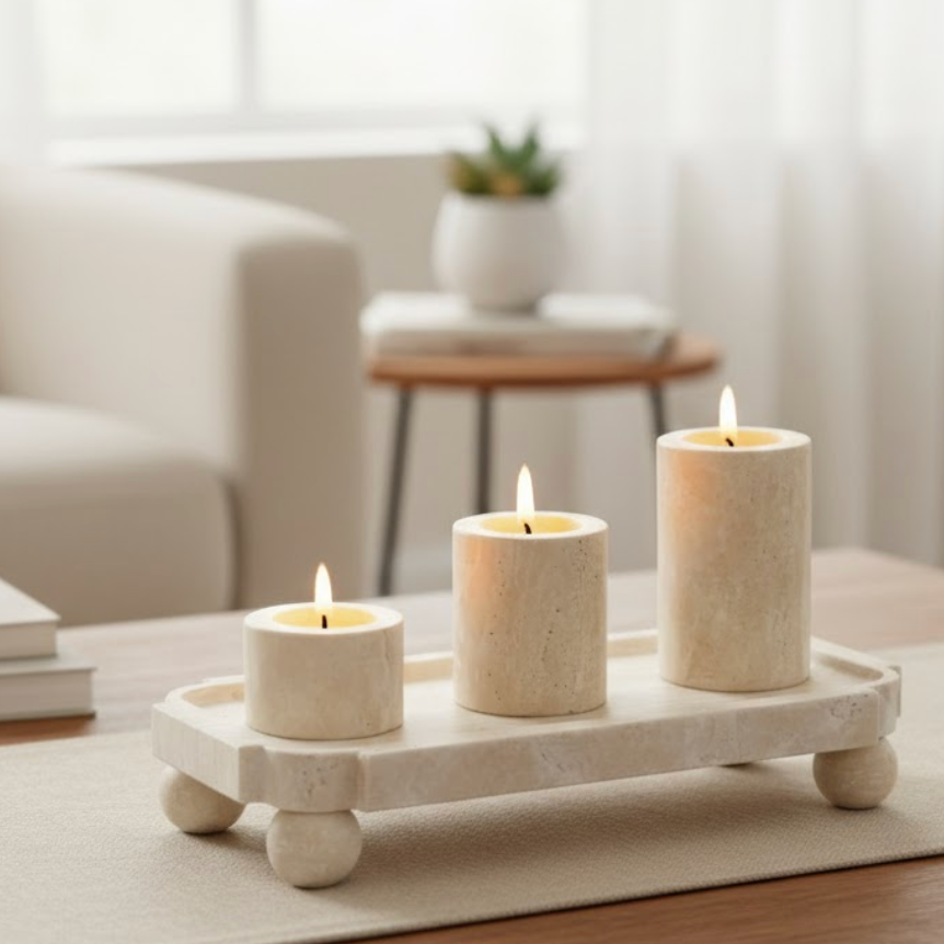 Travertine Decorative Tray & Candle Holder Set – Set of 4