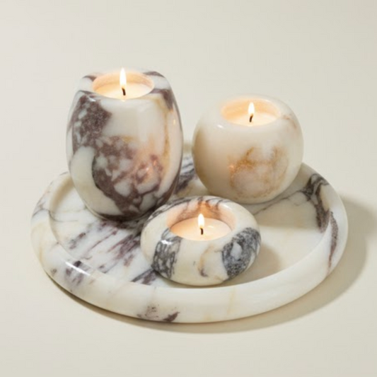 Lilac Marble Candle Holder Set with Tray – Set of 4