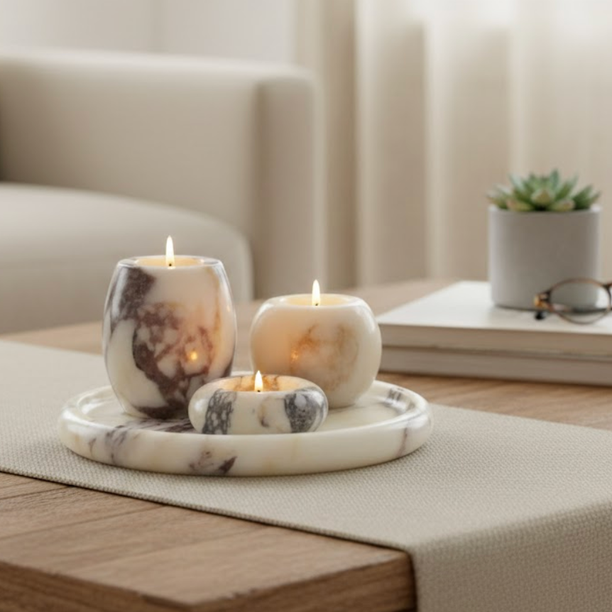 Lilac Marble Candle Holder Set with Tray – Set of 4