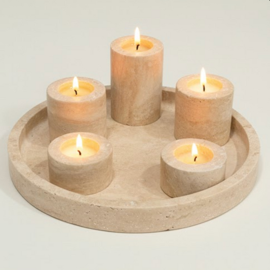 Natural Stone Candle Holder Set with Tray – Set of 6