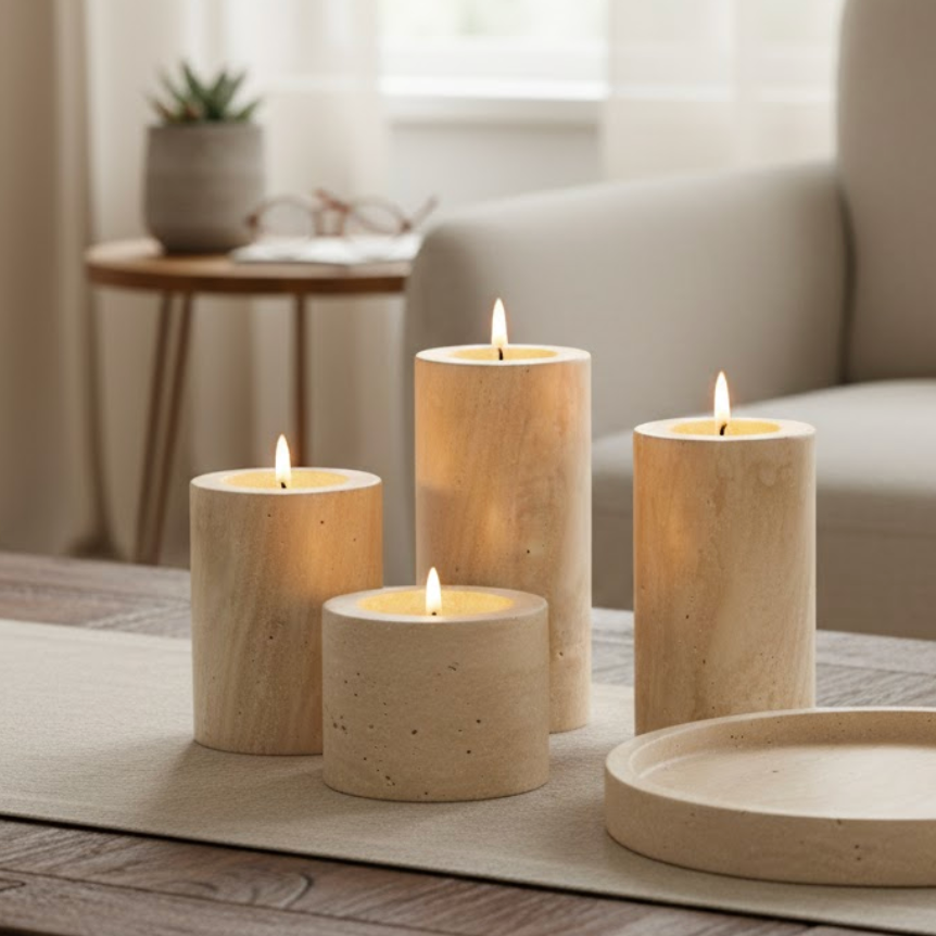 Natural Stone Candle Holder Set with Tray – Set of 6