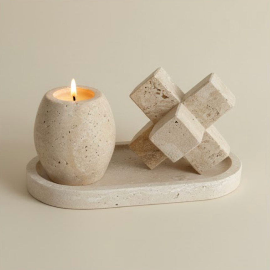 Travertine Natural Stone Accessory Set – Candle Holder, Figurine & Jewelry Stand