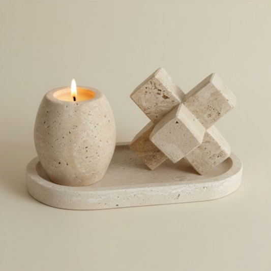 Travertine Natural Stone Accessory Set – Candle Holder, Figurine & Jewelry Stand