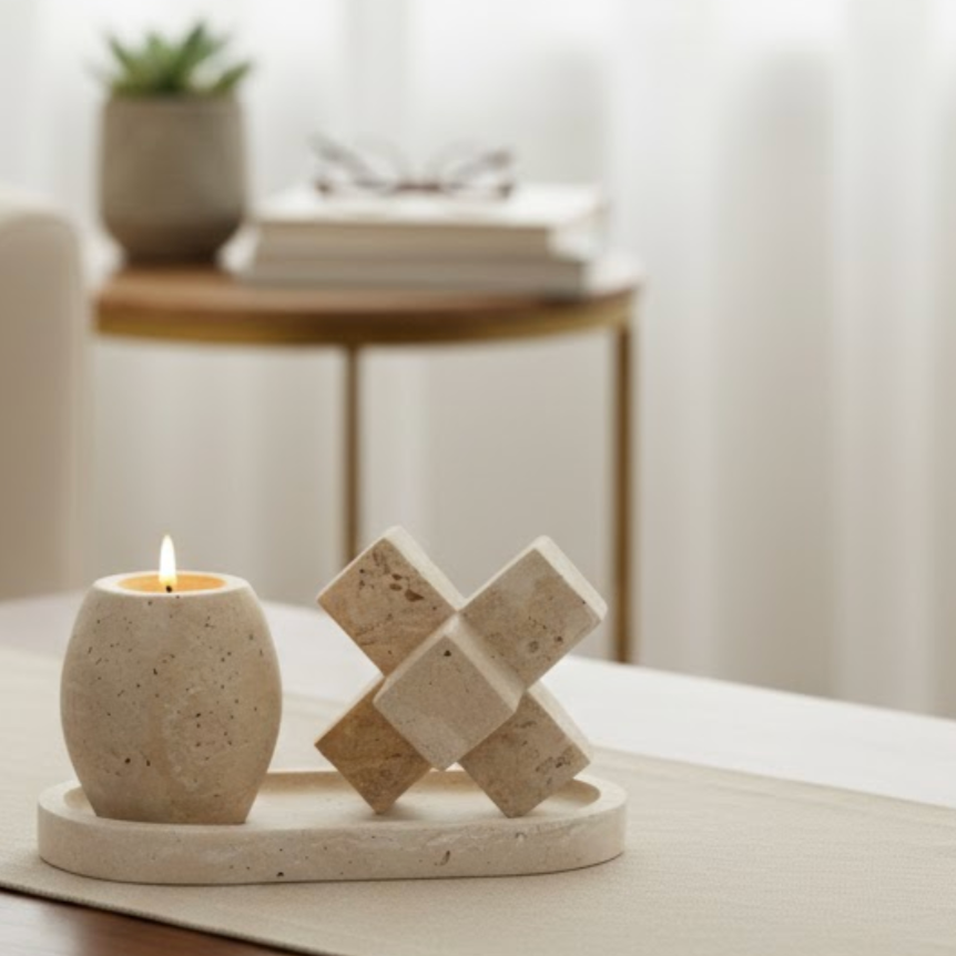 Travertine Natural Stone Accessory Set – Candle Holder, Figurine & Jewelry Stand