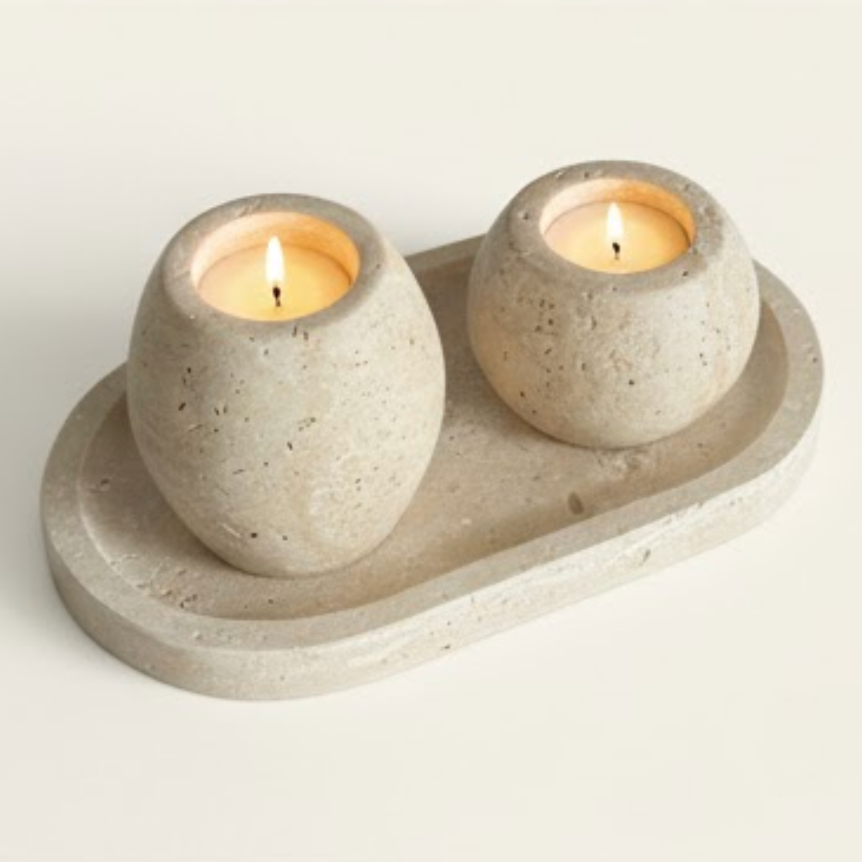Travertine Natural Stone Candle Holder Set with Oval Tray – Set of 3