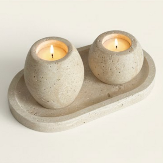 Travertine Natural Stone Candle Holder Set with Oval Tray – Set of 3
