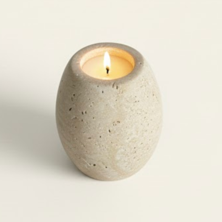 Travertine Natural Stone Candle Holder Set with Oval Tray – Set of 3