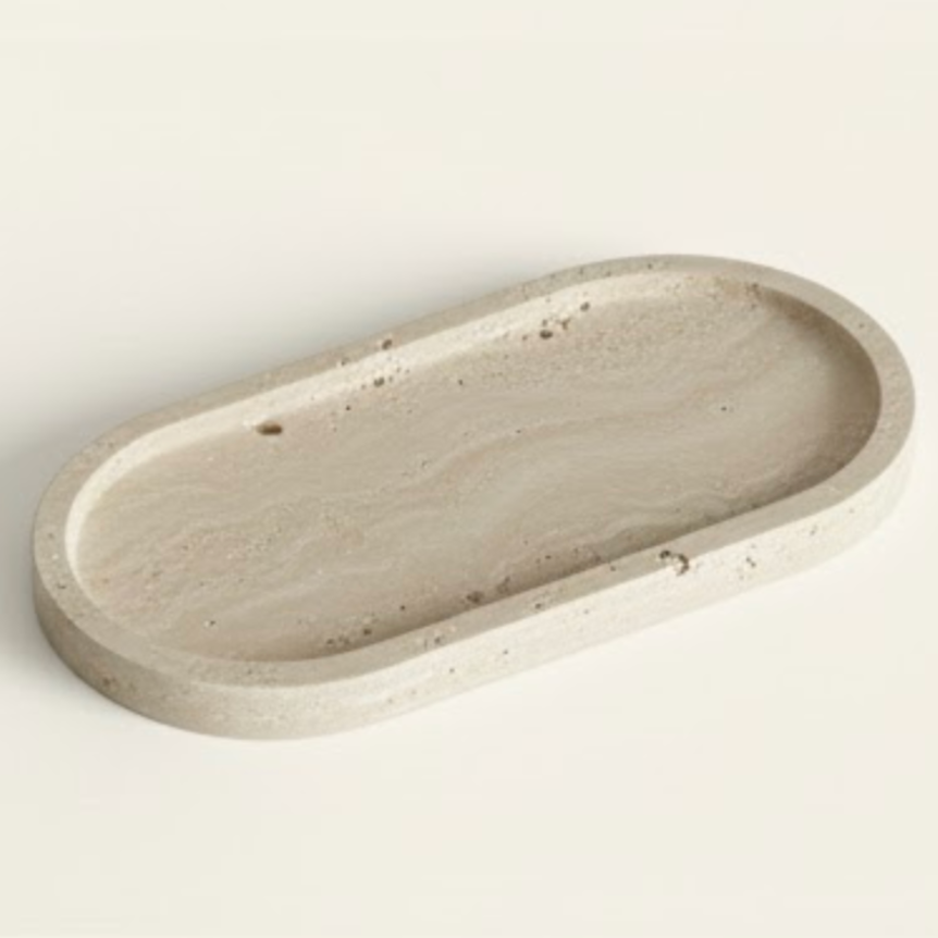 Travertine Natural Stone Candle Holder Set with Oval Tray – Set of 3