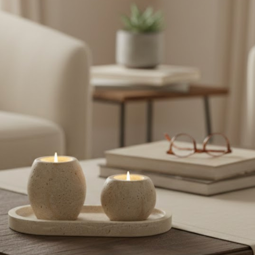 Travertine Natural Stone Candle Holder Set with Oval Tray – Set of 3
