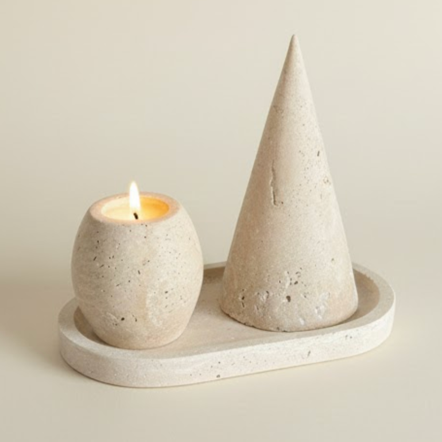 Travertine Natural Stone Accessory Set – Candle Holder, Figurine & Jewelry Stand