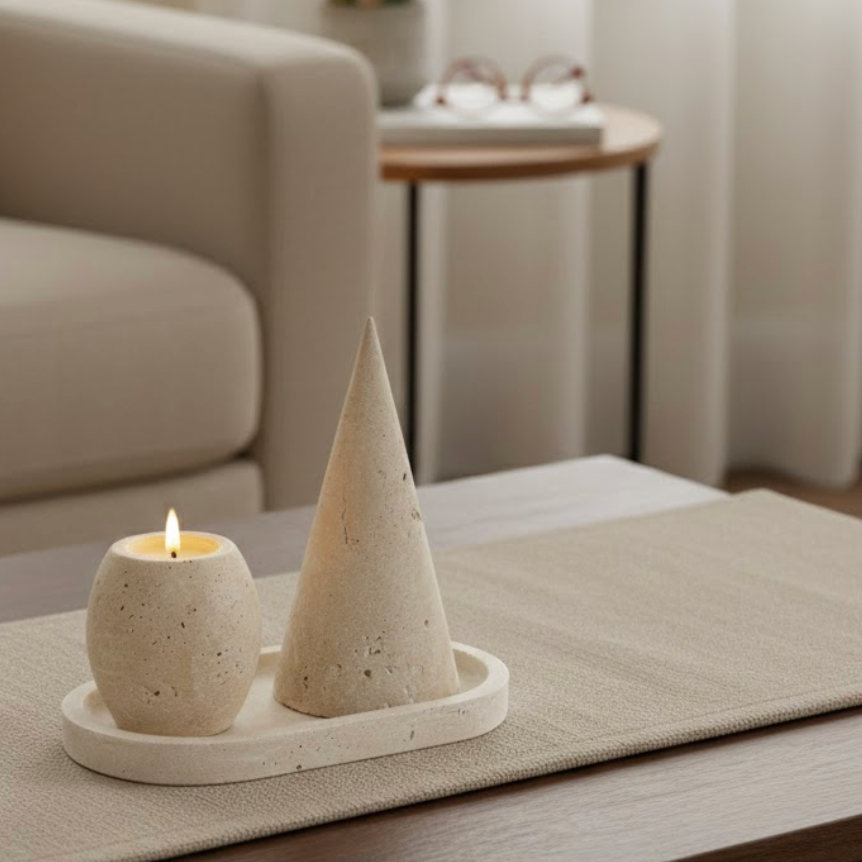 Travertine Natural Stone Accessory Set – Candle Holder, Figurine & Jewelry Stand