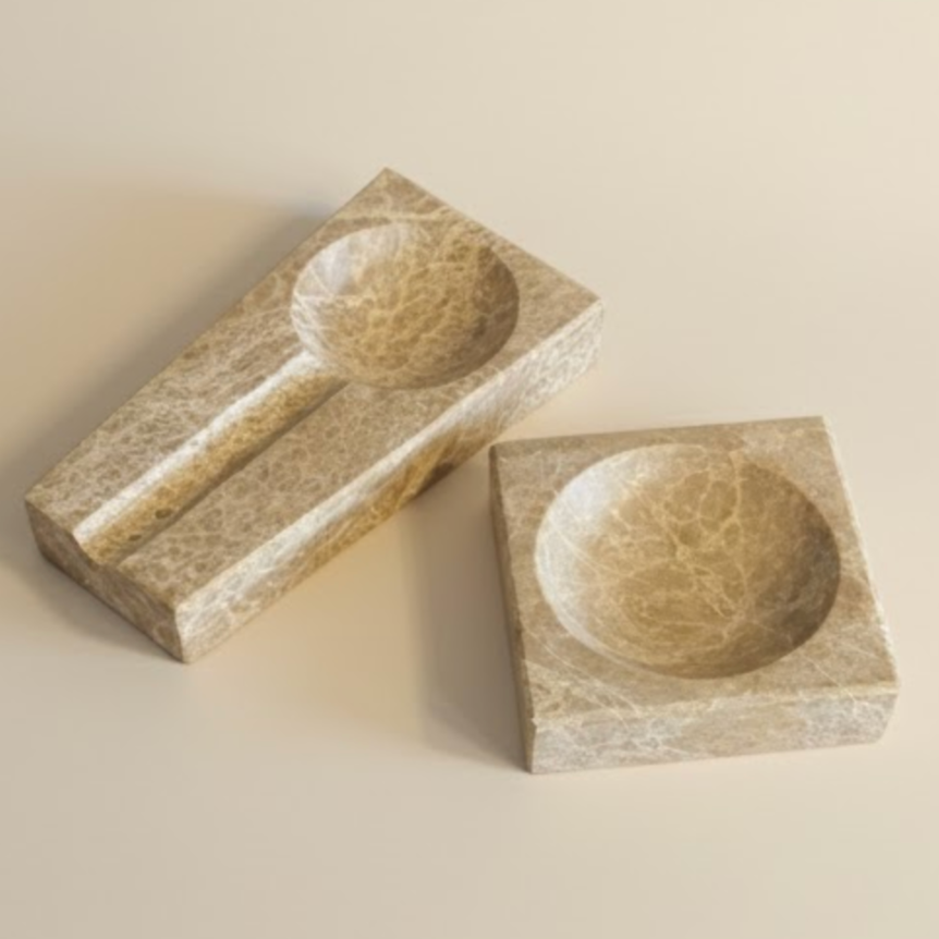 Emperador Marble Cigar Ashtray & Snack Bowl Set – 2 Piece (Handcrafted)