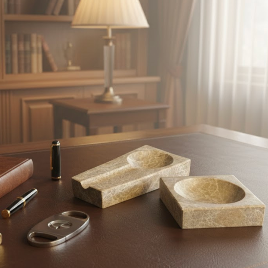 Emperador Marble Cigar Ashtray & Snack Bowl Set – 2 Piece (Handcrafted)