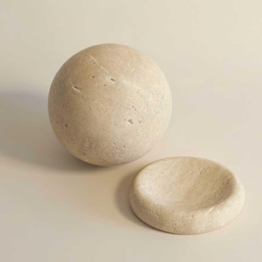 Travertine Stone Globe Sculpture With Stand