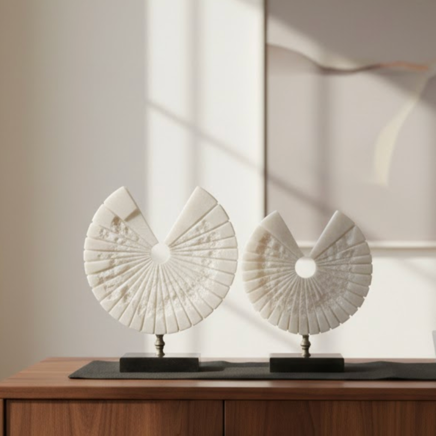 White & Black Marble Base Decorative Object Set with Silver Detail – 2 Piece