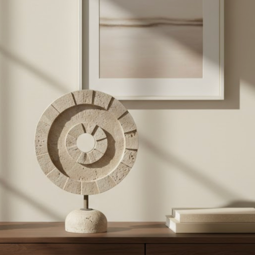 Travertine Natural Stone Decorative Object with Metal Stand (Handcrafted)