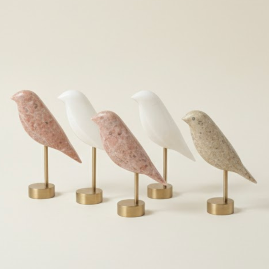 Silver Travertine Natural Stone Bird Sculpture Set with Stainless Steel Stand – Set of 2