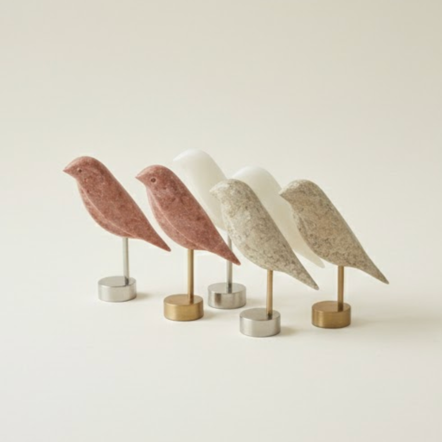 Silver Travertine Natural Stone Bird Sculpture Set with Stainless Steel Stand – Set of 2