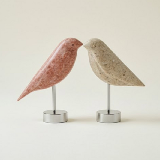 Silver Travertine Natural Stone Bird Sculpture Set with Stainless Steel Stand – Set of 2
