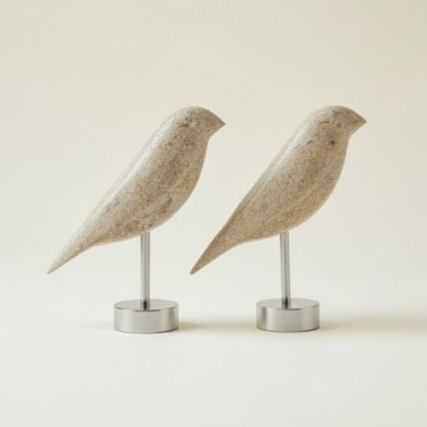 Silver Travertine Natural Stone Bird Sculpture Set with Stainless Steel Stand – Set of 2