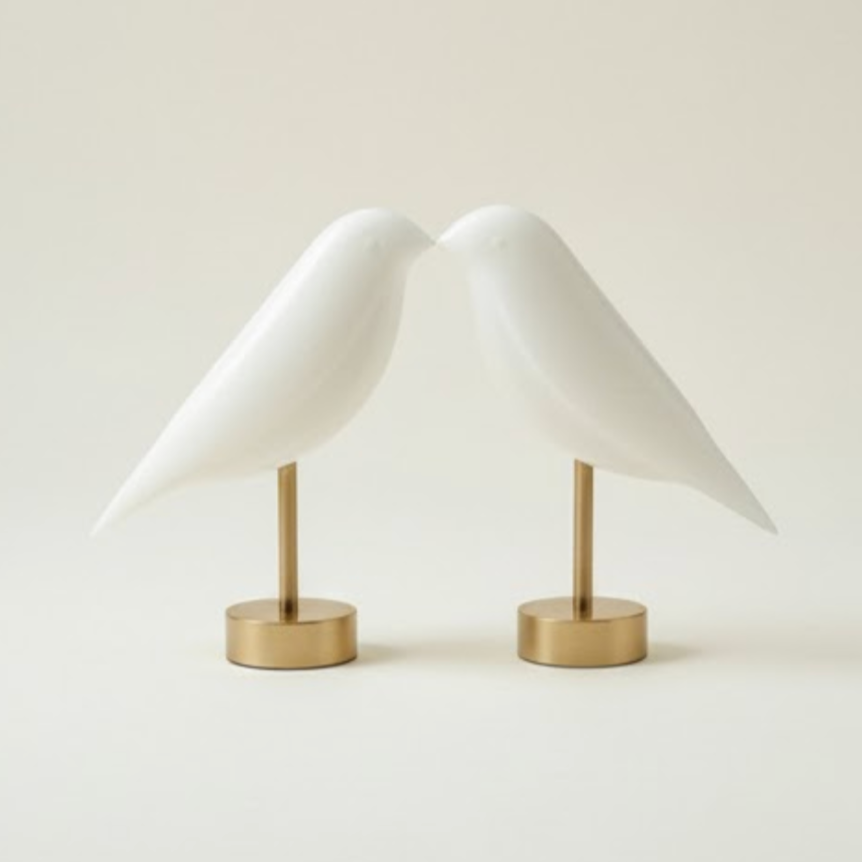 Silver Travertine Natural Stone Bird Sculpture Set with Stainless Steel Stand – Set of 2