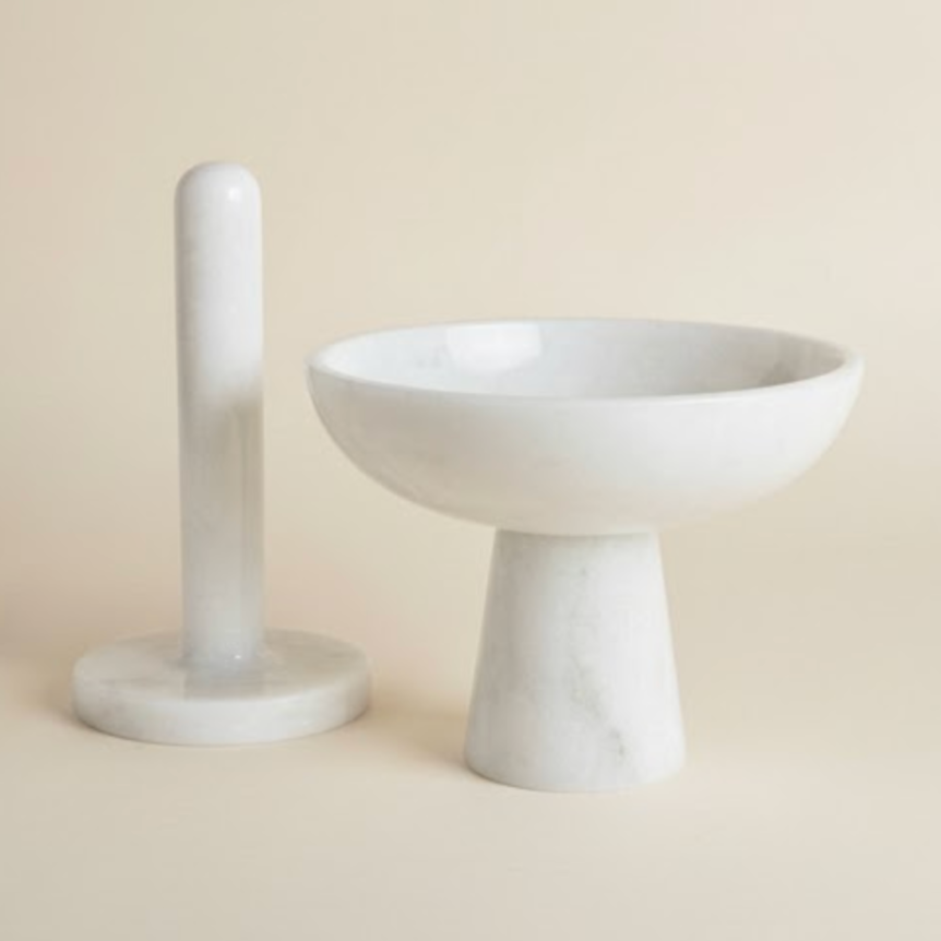 White Marble 2 Piece Towel Holder Set – Bowl Style & Paper Towel Holder
