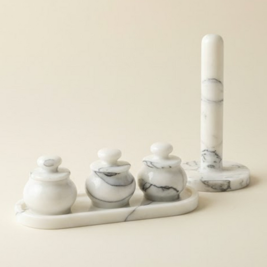Lilac Marble 5-Piece Kitchen Set – Spice Jars, Sauce Bowls & Paper Towel Holder
