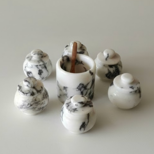 Lilac Marble 7-Piece Spice, Sauce & Spoon Holder Set – Natural Stone Kitchen Collection