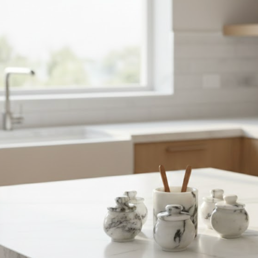 Lilac Marble 7-Piece Spice, Sauce & Spoon Holder Set – Natural Stone Kitchen Collection