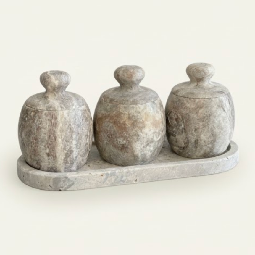 Silver Travertine Oval 4 Piece Spice Jar Set – Natural Stone Kitchen Collection