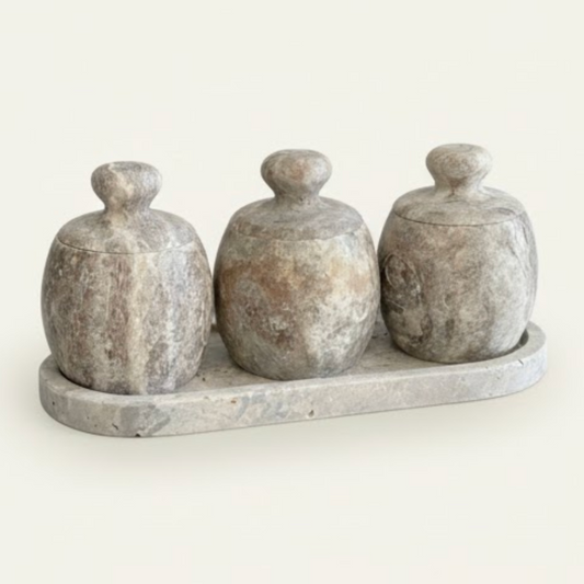 Silver Travertine Oval 4 Piece Spice Jar Set – Natural Stone Kitchen Collection
