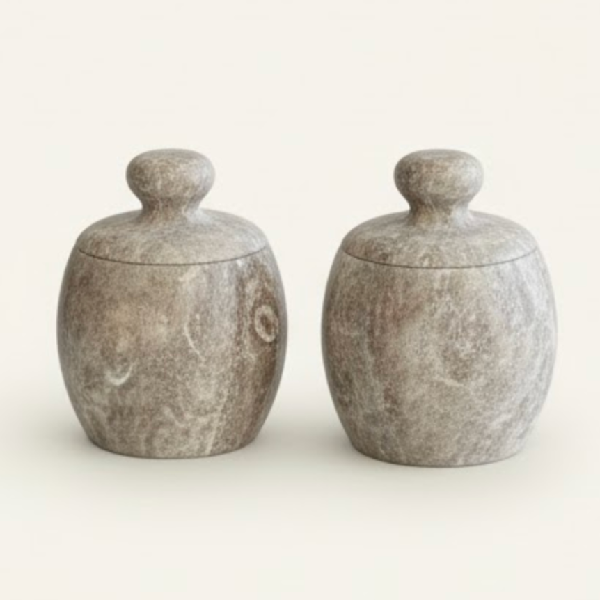 Silver Travertine Oval 4 Piece Spice Jar Set – Natural Stone Kitchen Collection