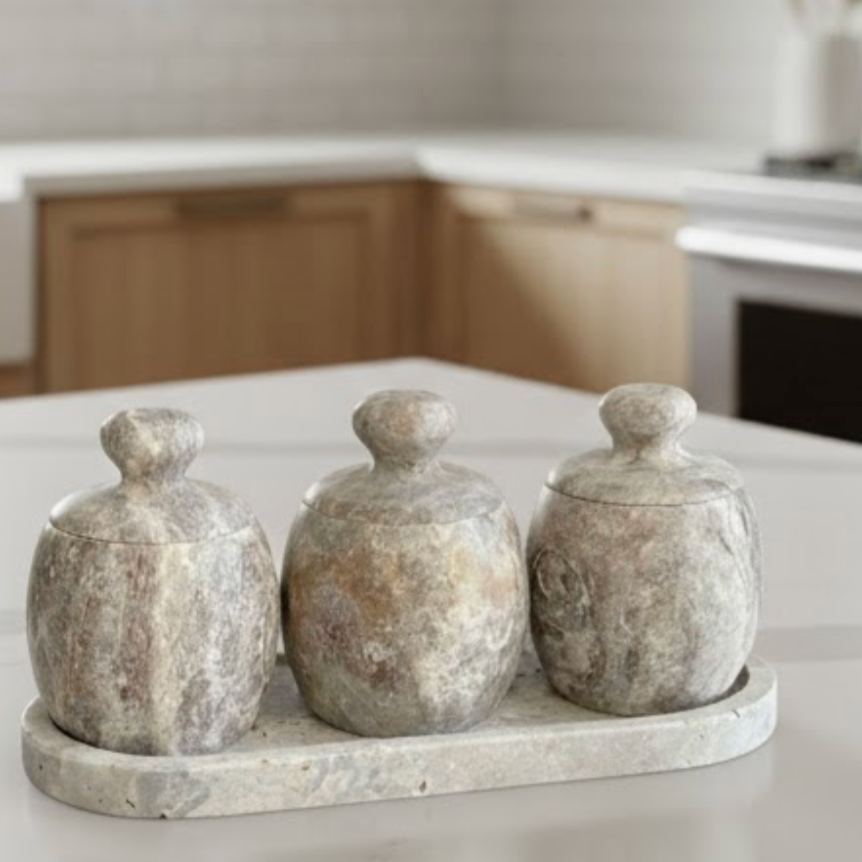 Silver Travertine Oval 4 Piece Spice Jar Set – Natural Stone Kitchen Collection