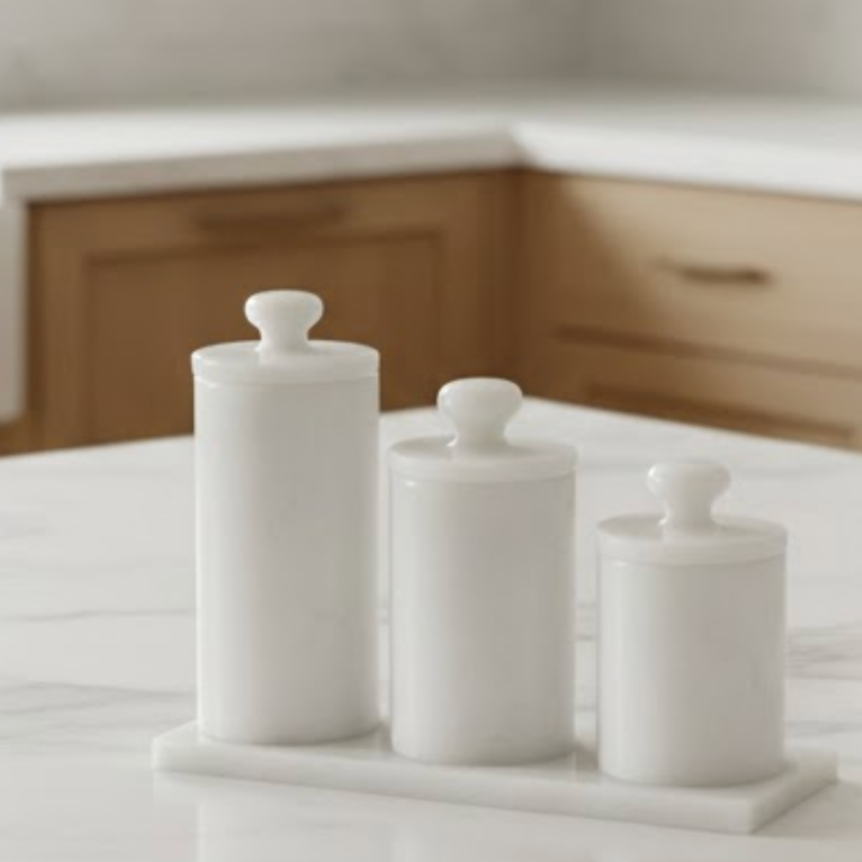 White Marble 4 Piece Spice Jar Set – Natural Stone Kitchen Collection