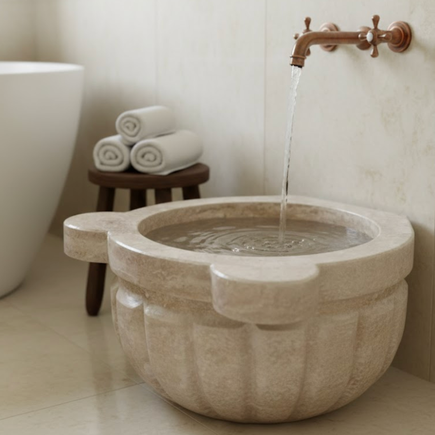 Travertine Natural Stone Turkish Bath Basin – Melon Fluted Design