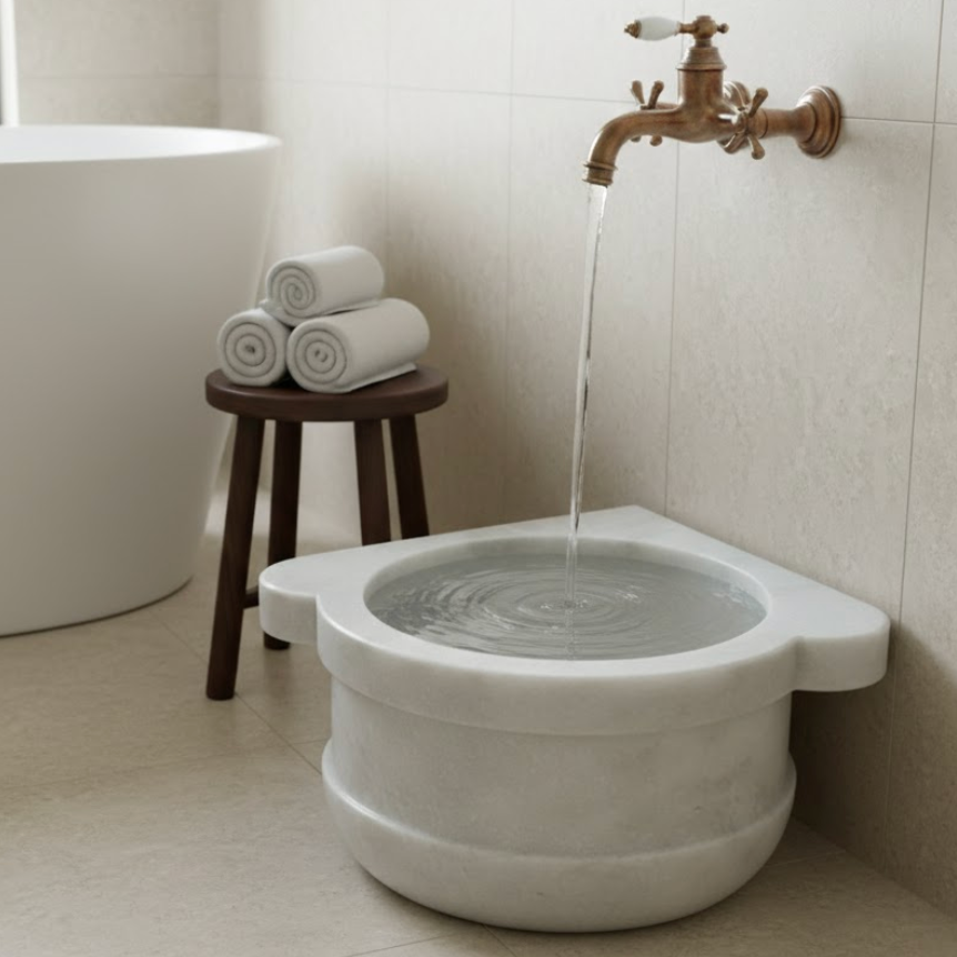 White Marble Natural Stone Corner Turkish Bath Basin – Space-Saving Hammam Design