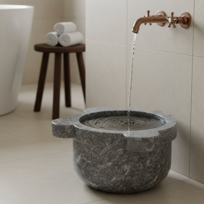 Black Marble Natural Stone Turkish Bath Basin – Ear Handled Flat Model