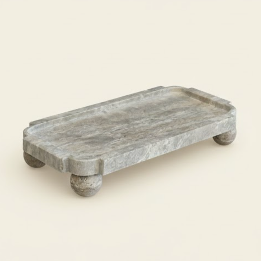 Silver Travertine Pedestal Decorative Tray – Elevated Natural Stone Design