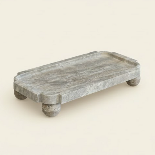 Silver Travertine Pedestal Decorative Tray – Elevated Natural Stone Design