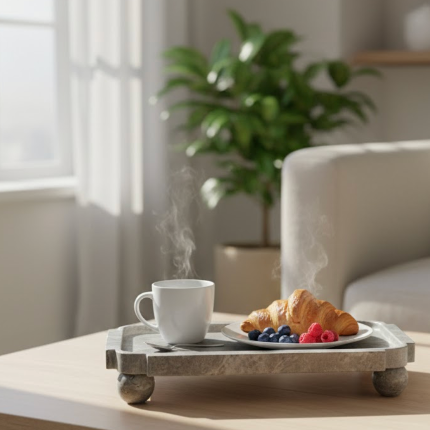 Silver Travertine Pedestal Decorative Tray – Elevated Natural Stone Design