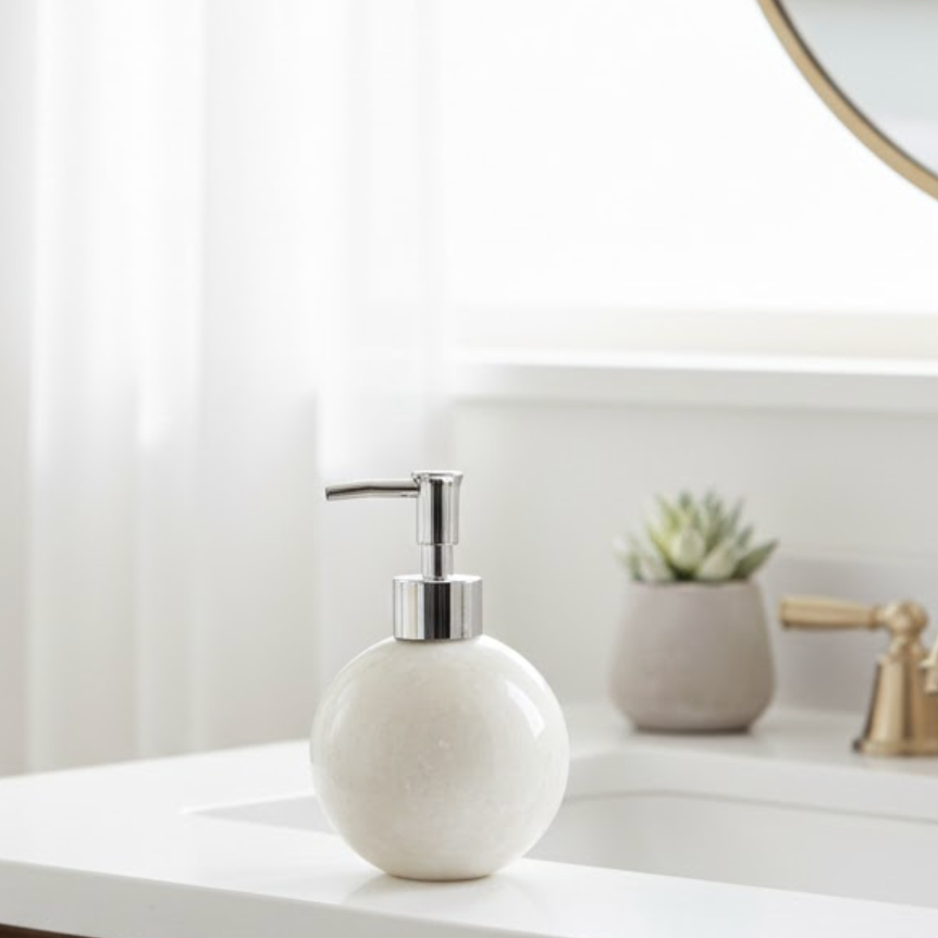 White Marble Orange-Shape Liquid Soap Dispenser – Handcrafted Natural Stone