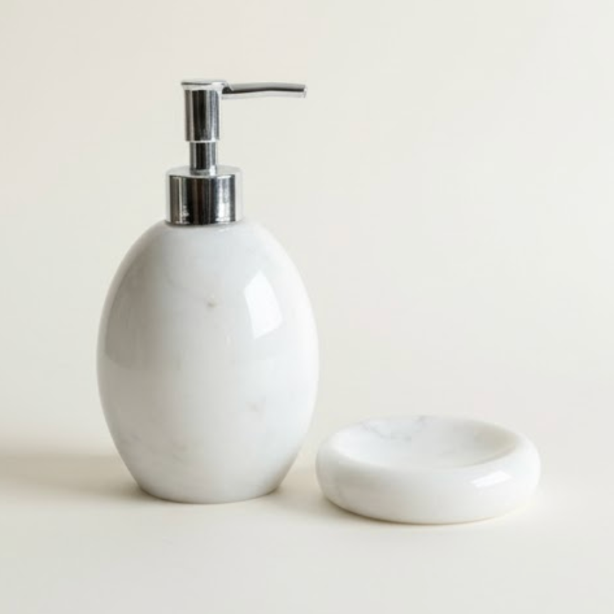 Oval White Marble Soap Dish Set – Handcrafted Natural Stone