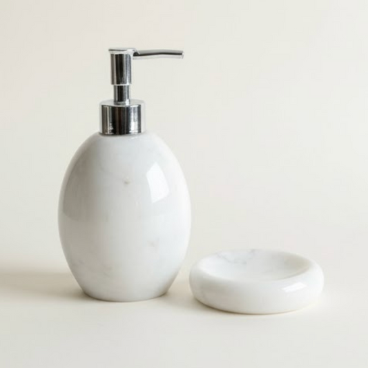 Oval White Marble Soap Dish Set – Handcrafted Natural Stone