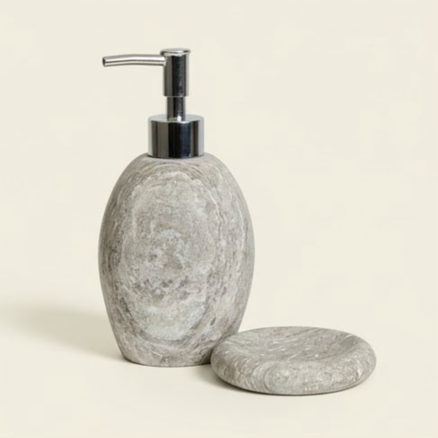 Silver Travertine Oval Soap Dispenser & Soap Dish Set – 2-Piece Handcrafted Natural Stone