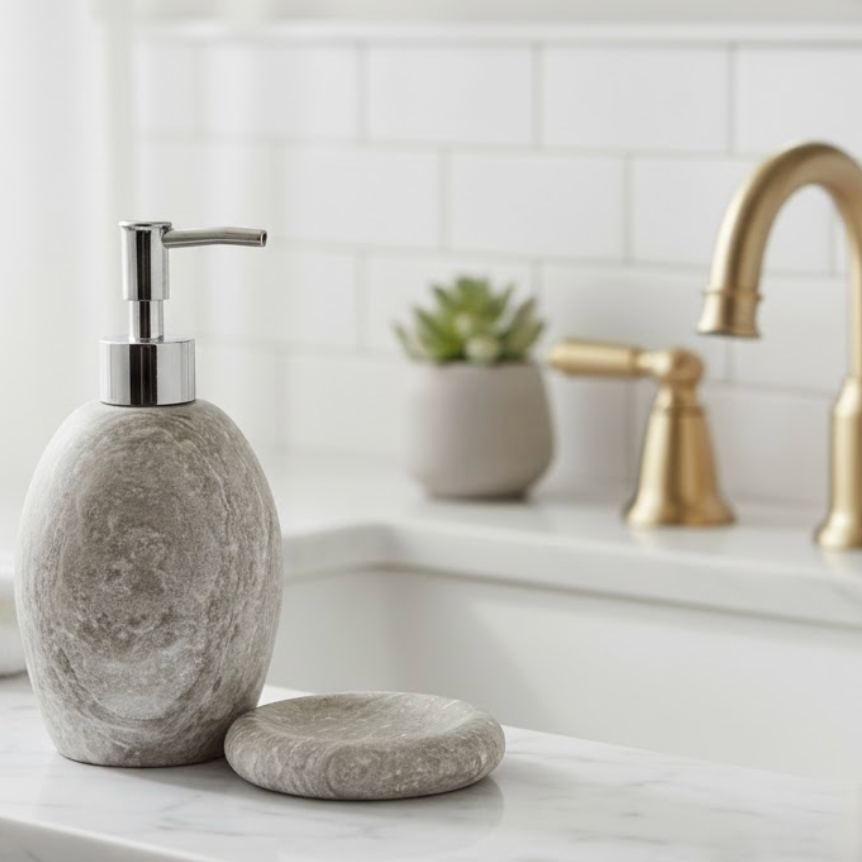 Silver Travertine Oval Soap Dispenser & Soap Dish Set – 2-Piece Handcrafted Natural Stone