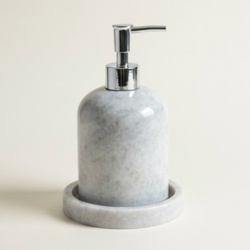 Grey Marble Tray Soap Dispenser Set – 2-Piece Handcrafted Natural Stone
