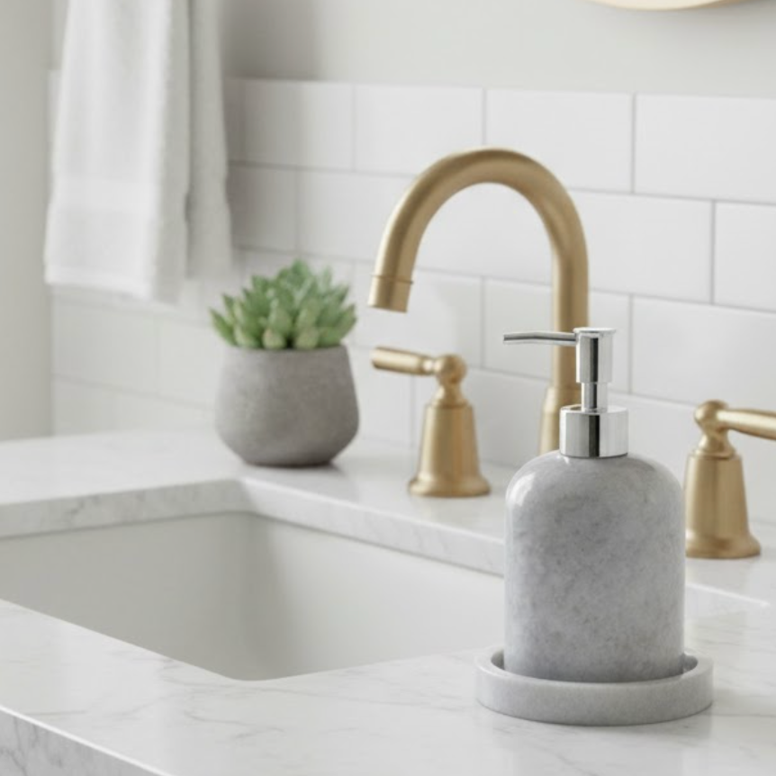 Grey Marble Tray Soap Dispenser Set – 2-Piece Handcrafted Natural Stone