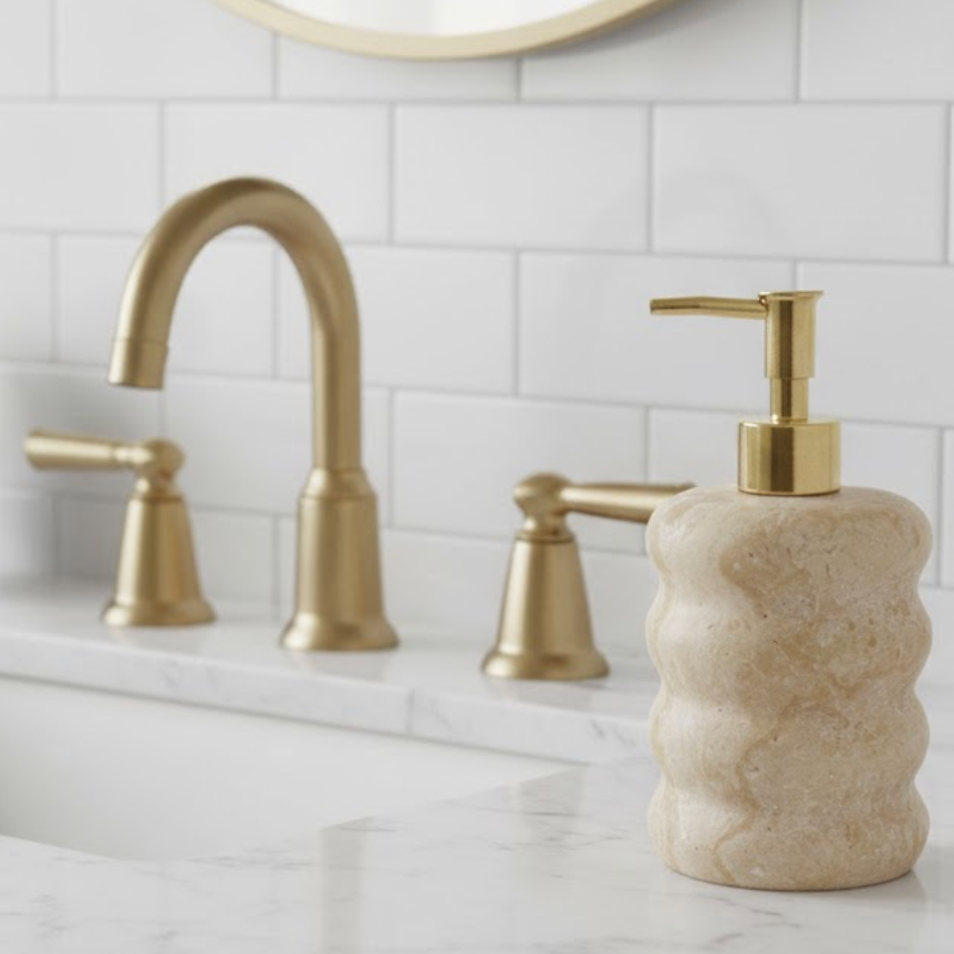 Oval Bamboo Style Travertine Liquid Soap Dispenser (Handcrafted)