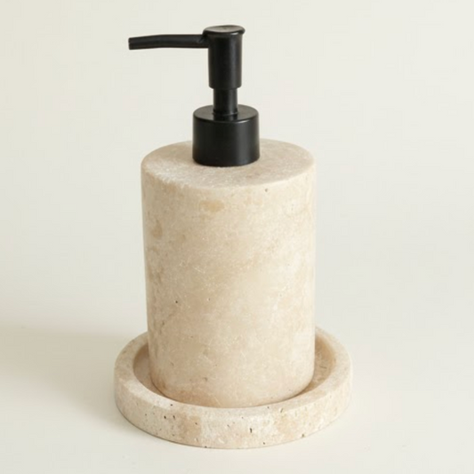 Travertine Natural Liquid Soap Dispenser & Tray Set (Handcrafted)